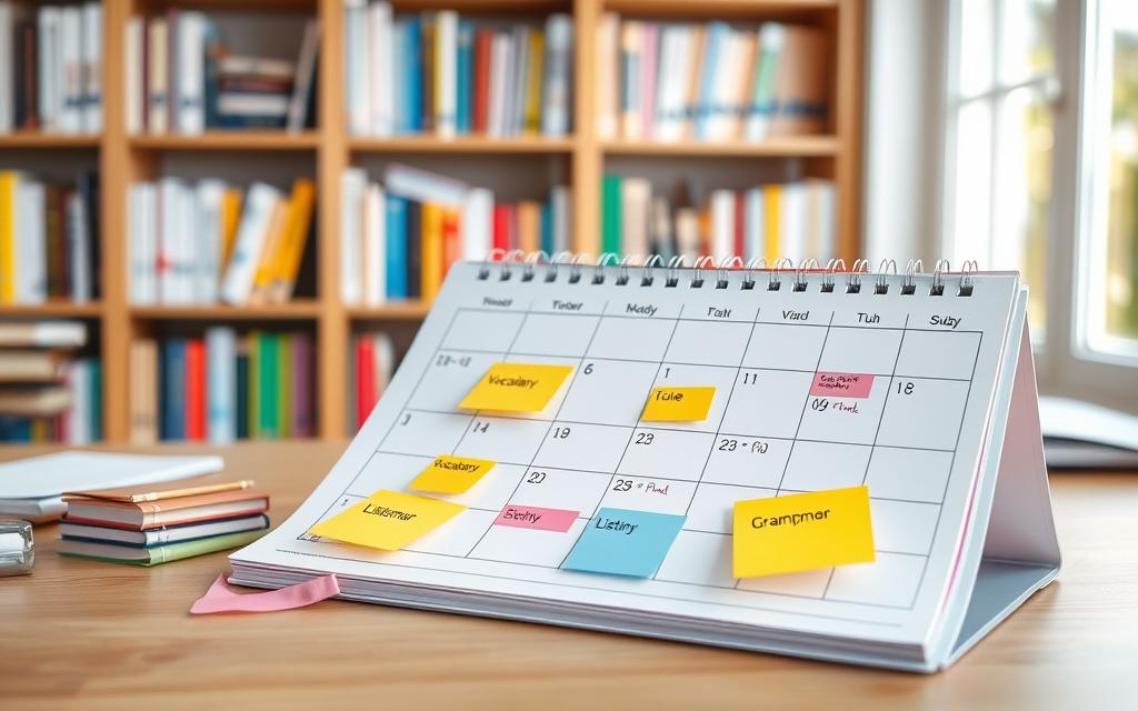 A detailed, study planner calendar opened on a clean wooden desk, with neatly marked sessions for an English study routine. In the foreground, colorful sticky notes with words like "Vocabulary," "Grammar," and "Listening" can be seen, adding vibrancy. The middle layer features the calendar with clearly defined dates and times, highlighted in a thoughtful manner, symbolizing organized study sessions. In the background, a soft-focused bookshelf filled with English textbooks and learning resources, softly lit by natural light streaming through a nearby window. The overall mood is focused and inspiring, conveying diligence and a commitment to learning. Ensure no text or watermarks are present in the image.