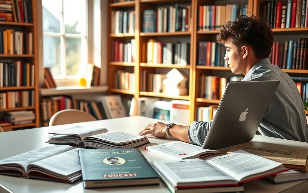 A focused student sitting at a clean desk, actively engaging with educational resources on a laptop, wearing casual yet professional clothing. In the foreground, a colorful array of textbooks and notepads filled with English notes. The middle ground features the laptop screen displaying a podcast interface, alongside open tabs of free online platforms for English learning. The background includes a well-organized bookshelf filled with English literature and language guides, bathed in warm, natural light streaming through a window. The overall atmosphere is inviting and studious, promoting a sense of dedication and motivation for learning. The image should have a slightly blurred effect around the edges to enhance focus on the student and their resources.