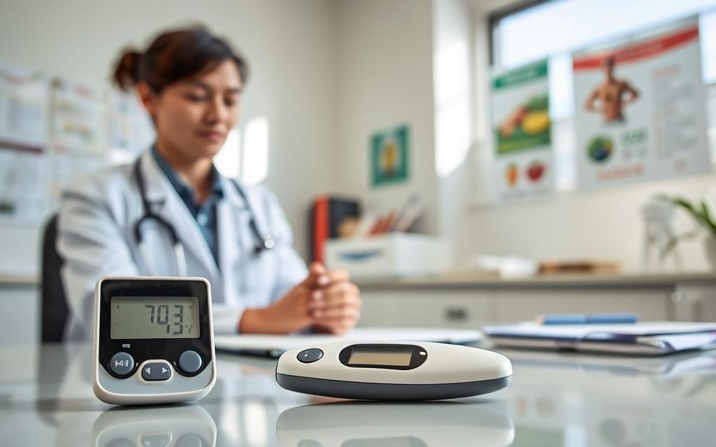 A healthcare professional in a white lab coat is seated at a desk, preparing a blood glucose meter for a patient consultation. The foreground shows the meter with a digital display, displaying the results of a recent glucose test. In the middle ground, the professional looks focused and attentive, ready to discuss the implications of the test results with a patient, who is out of focus in the background. The background features a well-organized office with medical charts and healthy lifestyle posters on the walls, emphasizing the importance of routine check-ups. Soft, natural lighting streams through a window, creating a calm and reassuring atmosphere. The image should convey professionalism and a sense of care for patients' health concerning diabetes risk assessment.