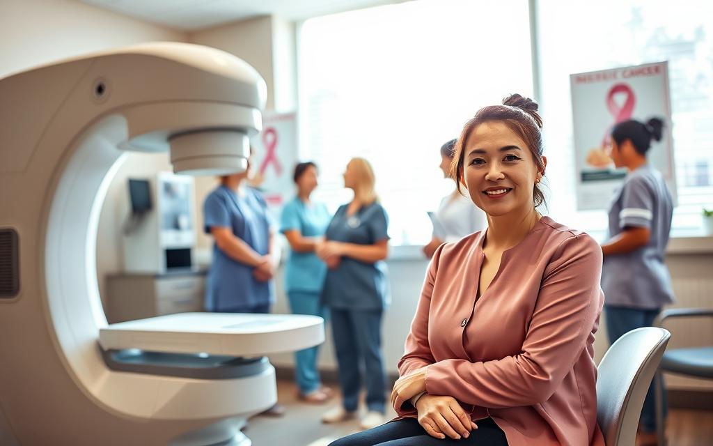 A warm, inviting medical office setting featuring a modern mammography machine in focus. In the foreground, a woman in professional attire sits calmly beside the machine, expressing a sense of reassurance and confidence. The middle ground showcases medical staff, dressed in scrubs, preparing for the procedure, engaged in supportive conversation. Soft, natural lighting filters through large windows, illuminating the room and creating an atmosphere of trust and care. In the background, a few health posters related to breast cancer awareness are visible, contributing to the educational environment. The overall mood is encouraging, emphasizing the importance of routine check-ups and preventive care in women's health.
